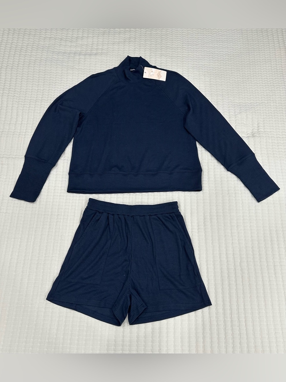 Women Loungewear Set Turtleneck Top and Shorts Dark Blue Size M